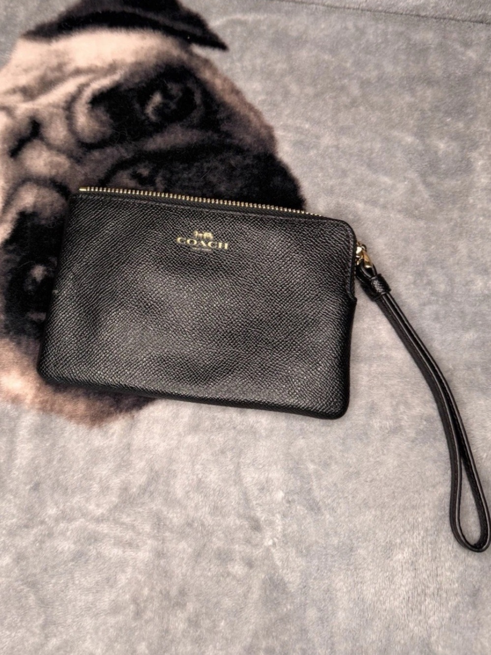 Coach Black pebbled Leather Wristlet with Gold Logo